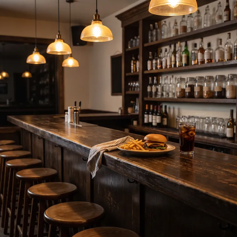 Generated scene: a burger with fries and a glass of cola on a dark wooden bar counter under warm pendant lamps, empty stools and shelves of plain bottles.