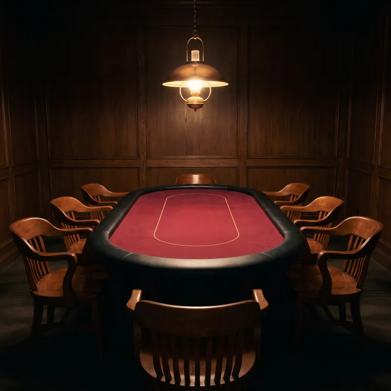 Generated scene: an empty oval poker table with red felt and wooden chairs under a single warm pendant lamp, nothing on the table.
